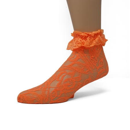 EMEM Apparel Women s Ladies Lace Anklet Ankle Quarter Socks Stockings with Ruffle Orange 9-11