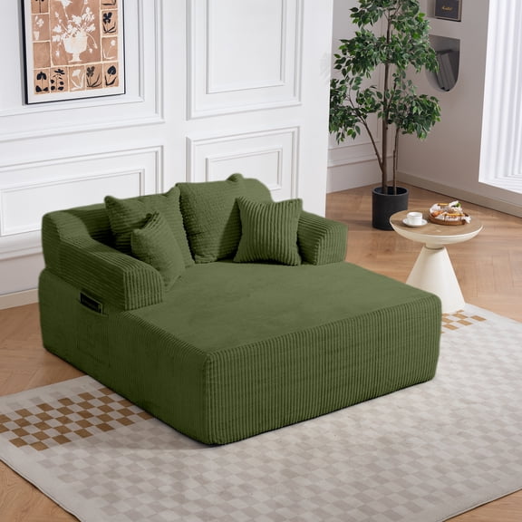 DELMANGO 58" Corduroy Chaise Lounge Chair, Oversized Boneless Sleeper Sofa with Armrests & 4 Pillows, No Assembly, for Living Room, Green