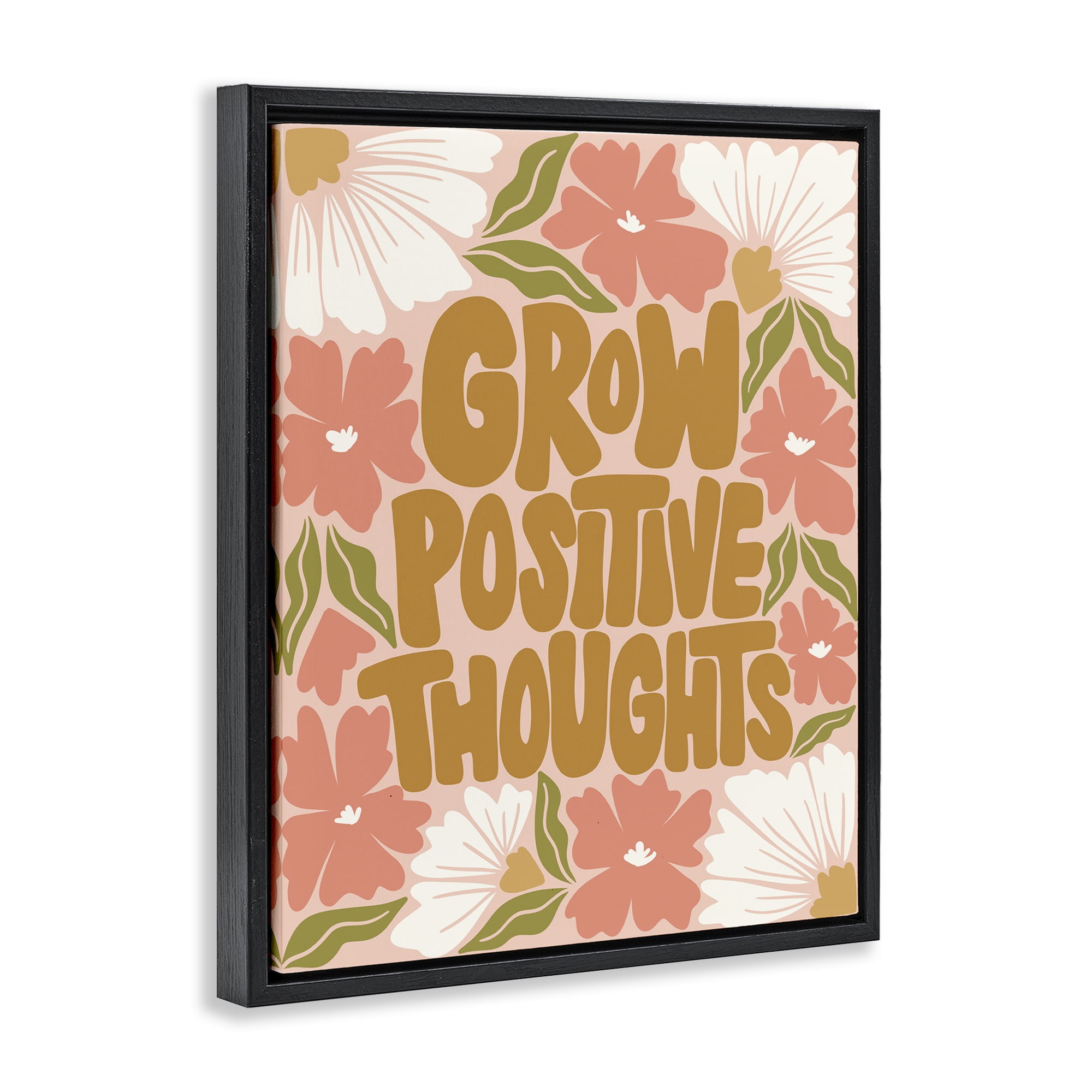 Stupell Industries Grow Positive Thoughts Plants & Flowers Painting Black Floater Framed Canvas Art Print Wall Art, 17 x 21