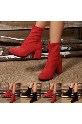 Ankle Boots for Women,Womens Shoes,Women's Fashion Casual Fashion Comfortable Plus Size Short Boots Solid Color Round Toe Mid-Heel Ankle Boots Red
