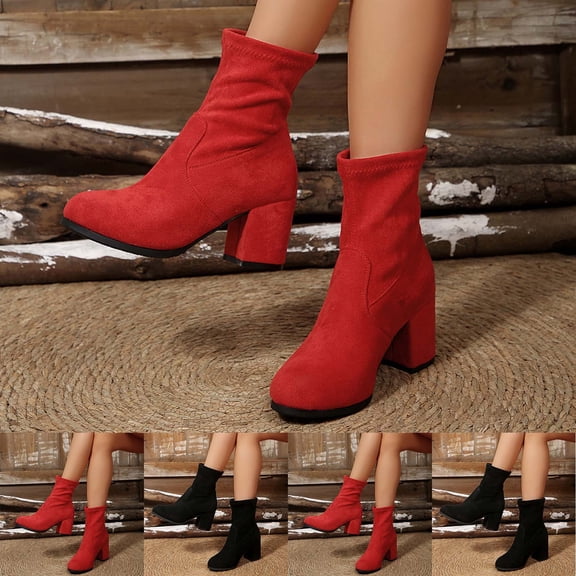 THDHVS Ankle Boots for Women,Womens Shoes,Women's Fashion Casual Fashion Comfortable Plus Size Short Boots Solid Color Round Toe Mid-Heel Ankle Boots Red