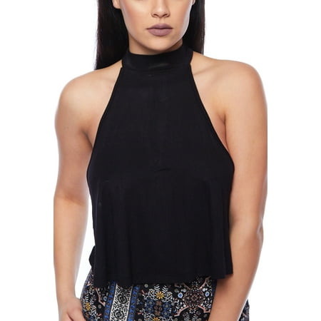 - Womens Flowy Loose Fit Halter Neck Back Slit Sleeveless Crop Top RT9888