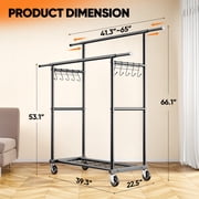 HOKEEPER Heavy Duty Double Rails Clothes Rack with Shelves, 450lbs Capacity Steel Garment Rack with Wheels, Commercial Grade Adjustable Length Bottom Mesh Shelf for Storage, Black