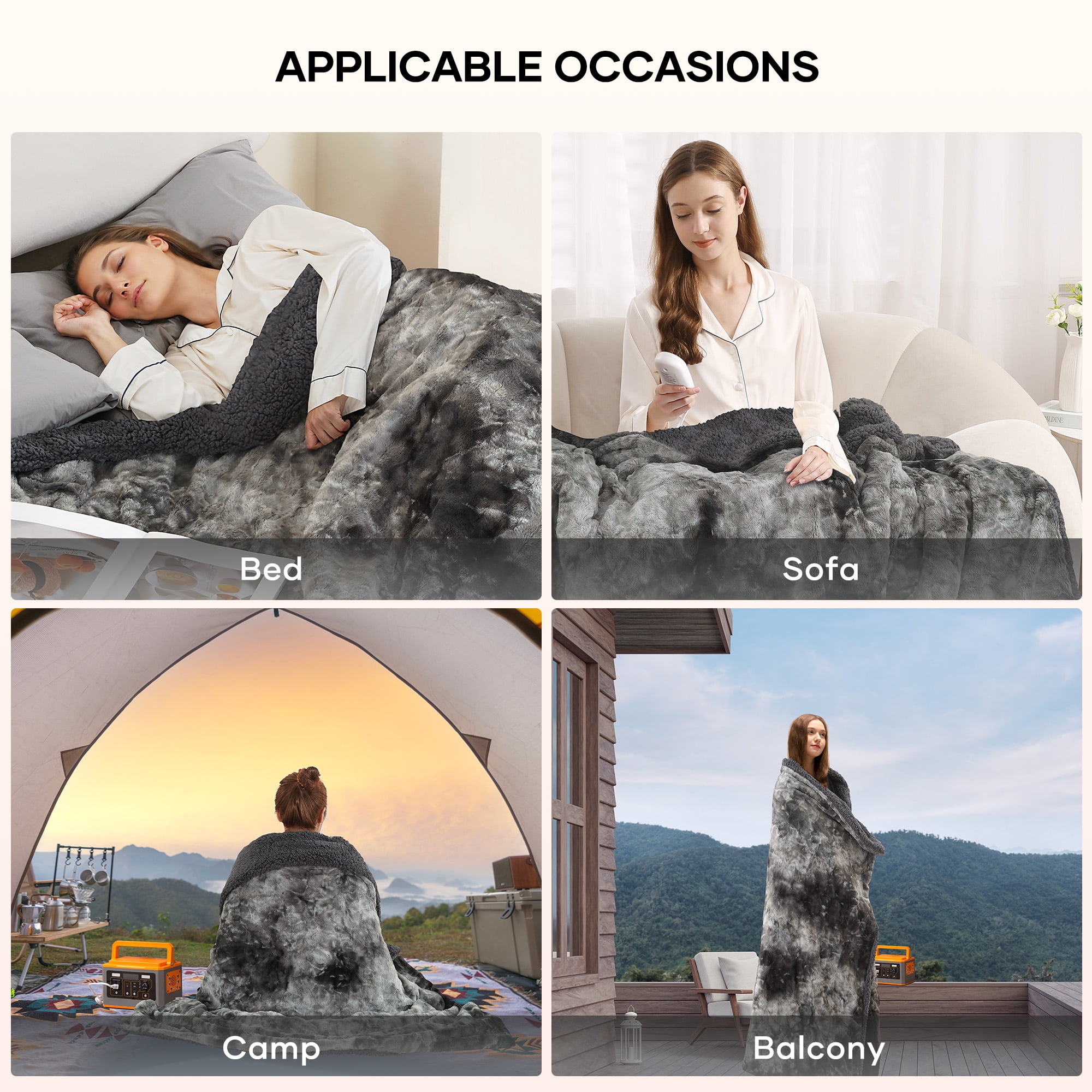 MARNUR Heated Blanket Electric Throw 50" x 60", Soft Faux Fur & Shu Velvet Heated Throw Blanket, 6 Heating Levels, 4 Hours Timer, Tie-Dye Off Gray