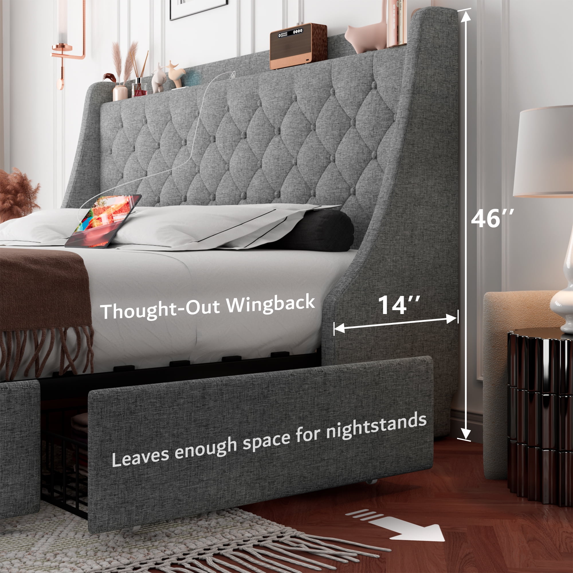 Virans Queen Bed Frame with 4 Storage Drawers, Upholstered Platform Bed Frame with Type-C & USB Ports, Wingback Storage Headboard,Light Gray