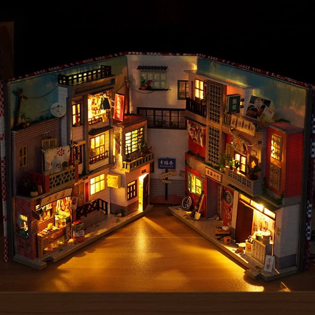 DIY Book Nook Kit 3D Wooden Book Stand Puzzle LED Glowing Book Nook Dollhouse Kit Creative Wooden Alley Book Nook Educational Bookshelf Insert Bookend Building Kits for Kids Adults