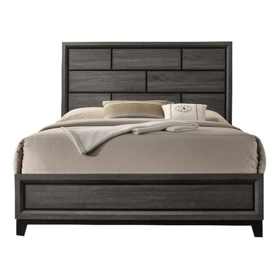 Erica Queen Size Bed- Gray- Black Wood Finish- Panel Style Headboard