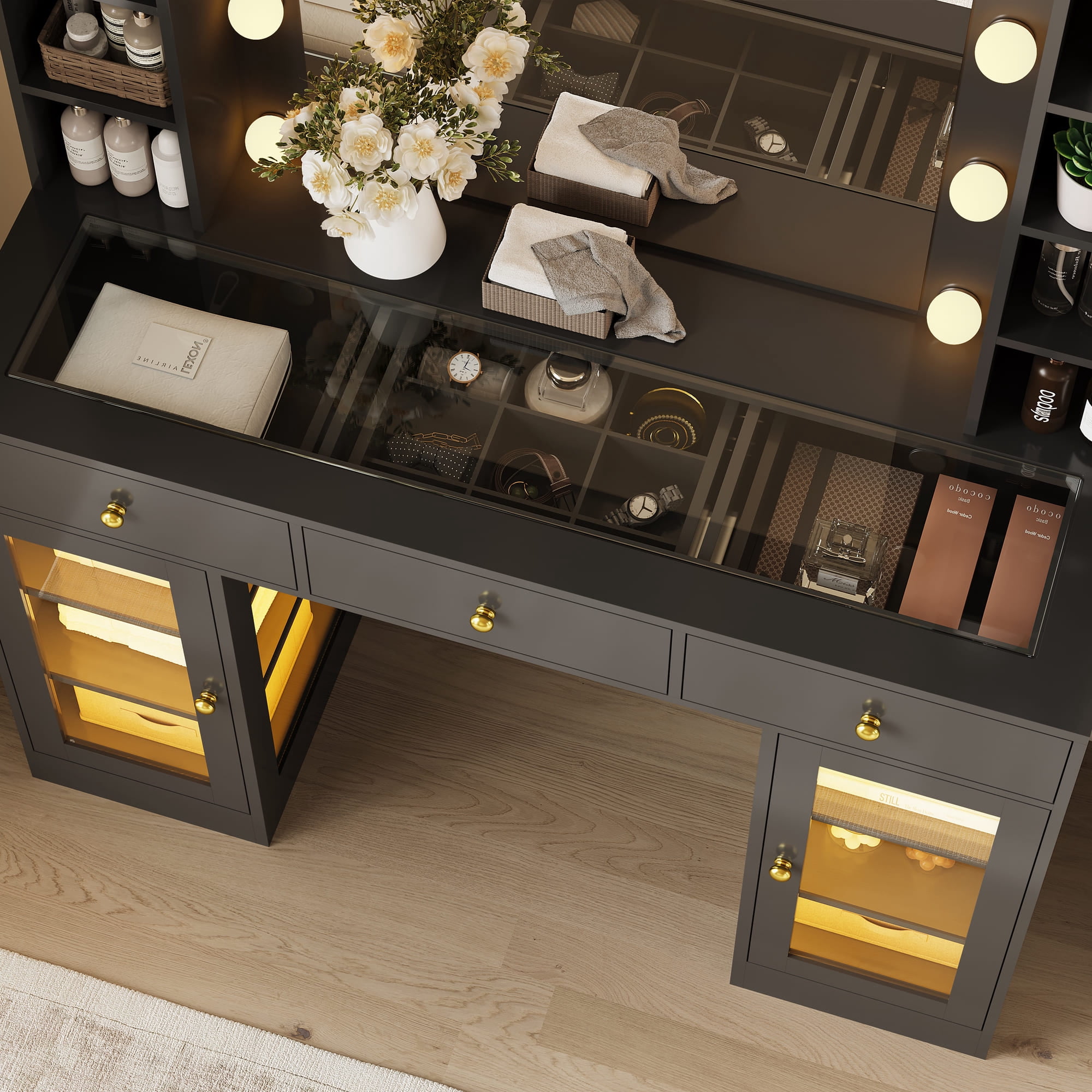 Vanity Desk with Mirror and Lights, Glass Top Vanity with Lighted Mirror & RGB Glass Cabinet and 3 Drawers, Makeup Vanity Desk with Lights Dressing Table for Bedroom, 3 Color Modes