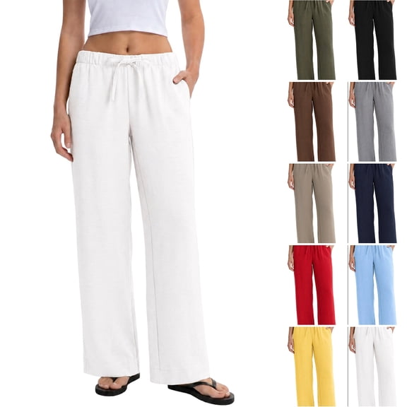 Linen Pants Women Summer Cotton Linen Stretch Palazzo Slacks Flowy Wide Leg Loose Beach Trouser with Pockets