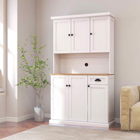 MAYEERTY 71-Inch Kitchen Pantry Storage Cabinet, Freestanding Hutch with Microwave Countertop 6 Doors 1 Drawer White