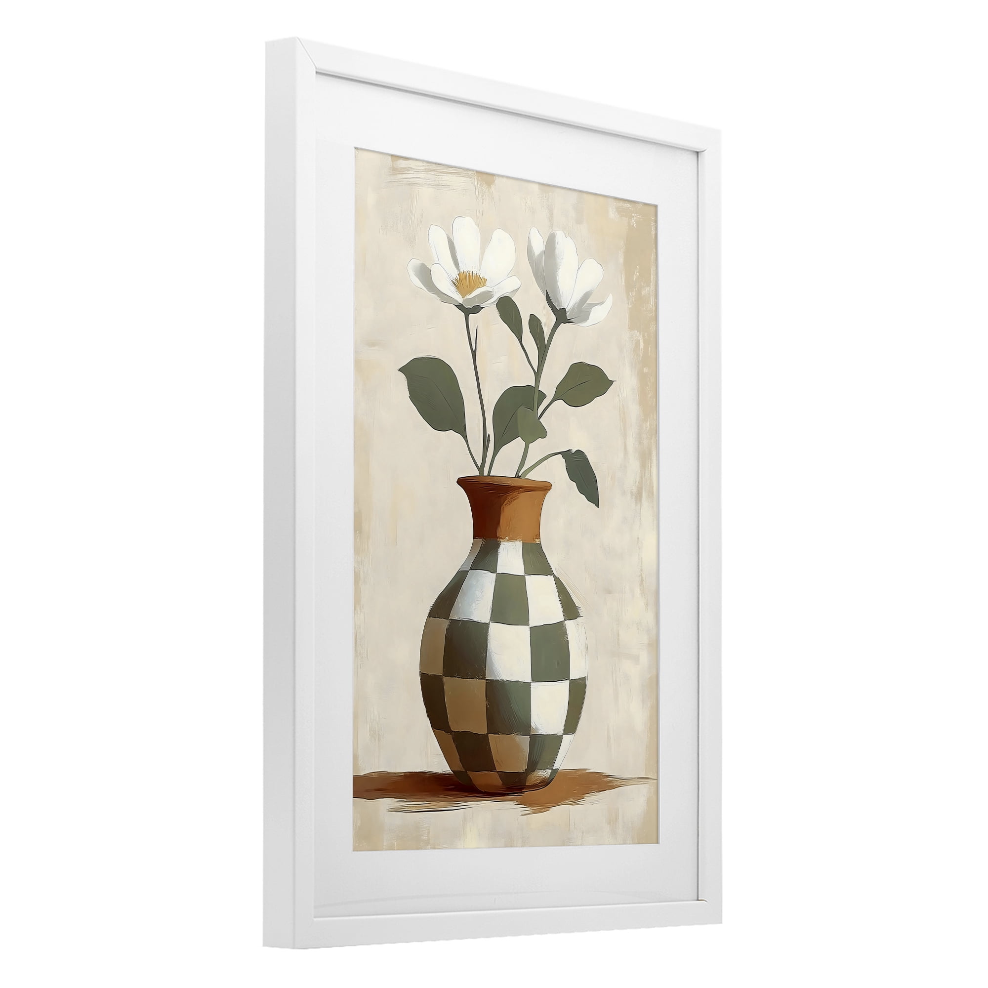 Stupell Industries Checkboard Green Flower Vase White Framed Print Under Glass, design by Creative Studio