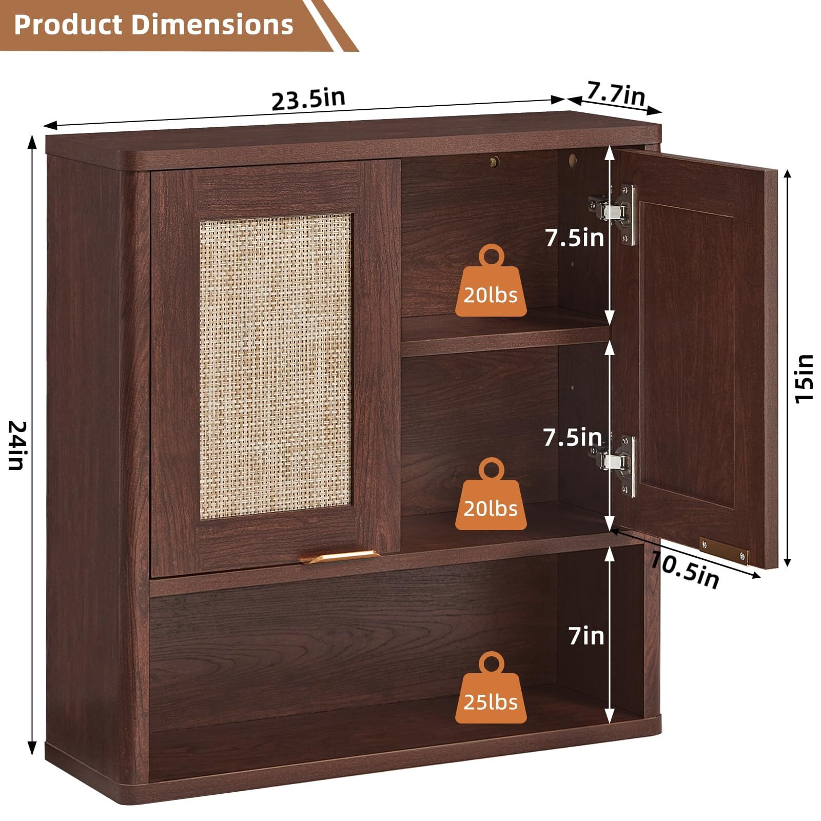LELELINKY Rattan Wood Bathroom Wall Cabinet with Adjustable Shelf, Boho Medicine Cabinet for over Toilet Storage, Laundry Room, Walnut