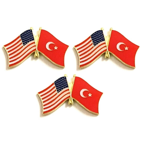 Turkey & US Crossed Double Flag Lapel Pins, Pack of 3
