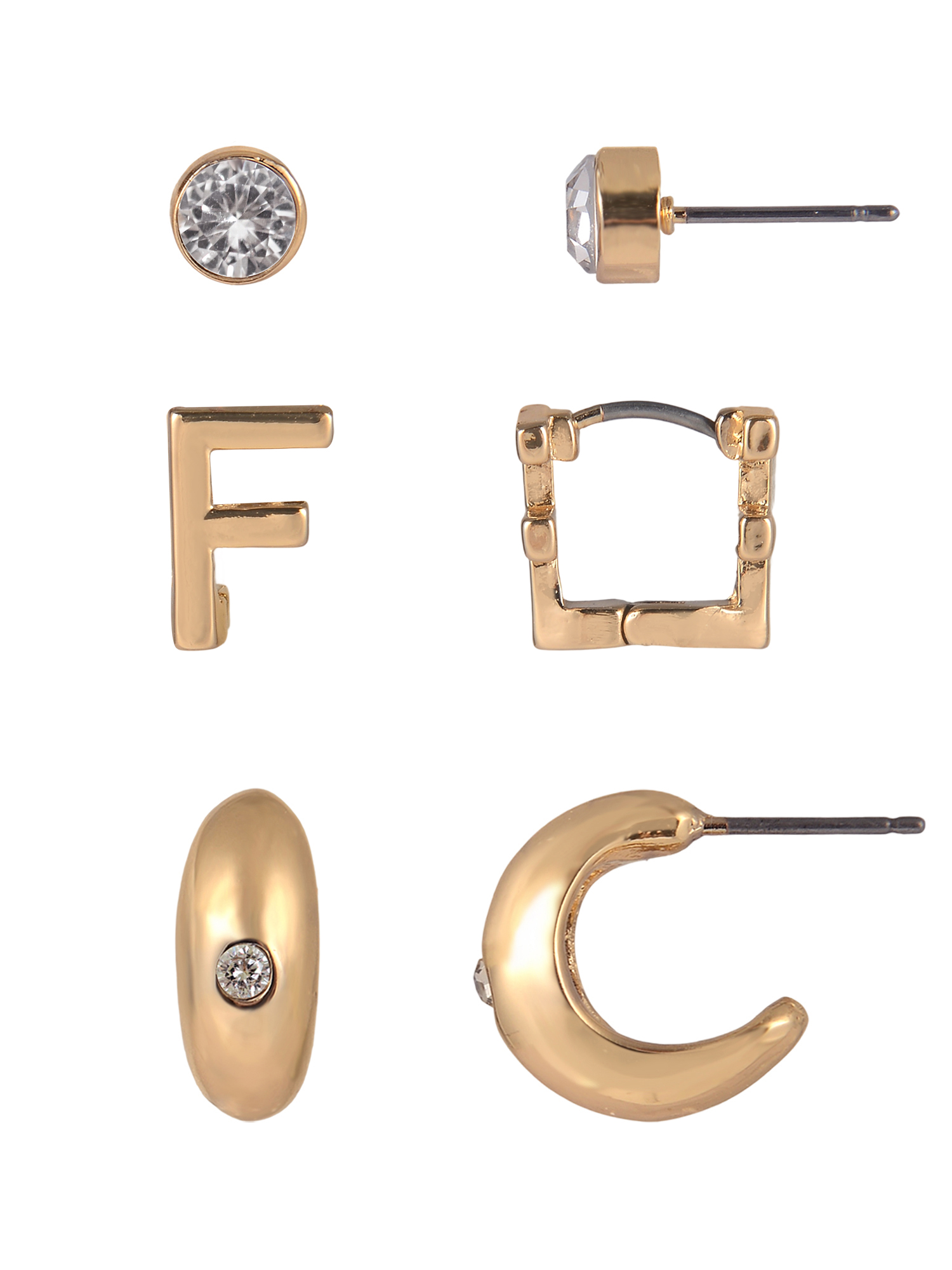Time and Tru Goldtone 3-On Crystal Stud, Hoop, Initial "F" Earring Set
