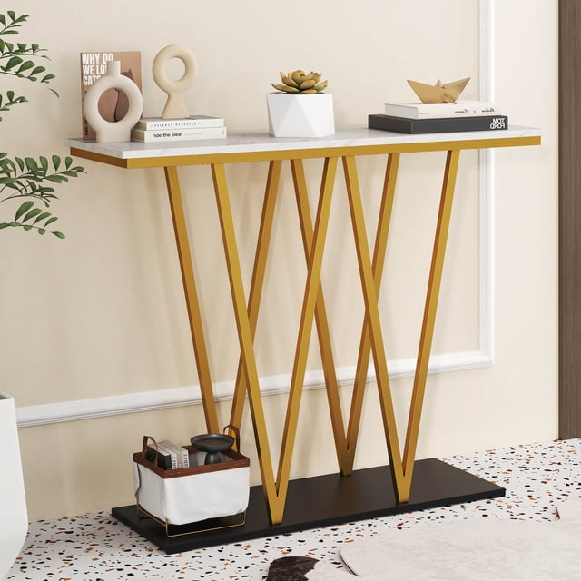 Costway 40” Gold Entryway Table with Faux Marble Table & Metal Frame, Storage Base, White