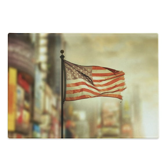 United States Cutting Board, American Flag Waving in City National Independence Day Celebration Theme, Decorative Tempered Glass Cutting and Serving Board, Large Size, Sepia Red Blue, by Ambesonne