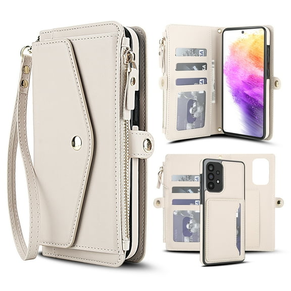 Designed for Samsung Galaxy A14 5G Multi-Function Wallet Phone Case,With Shoulder Strap&Wrist Strap,Cash Pocket&Card Slots,Zipper Purse,Magnetic Detachable PU Leather Flip Phone Case,White