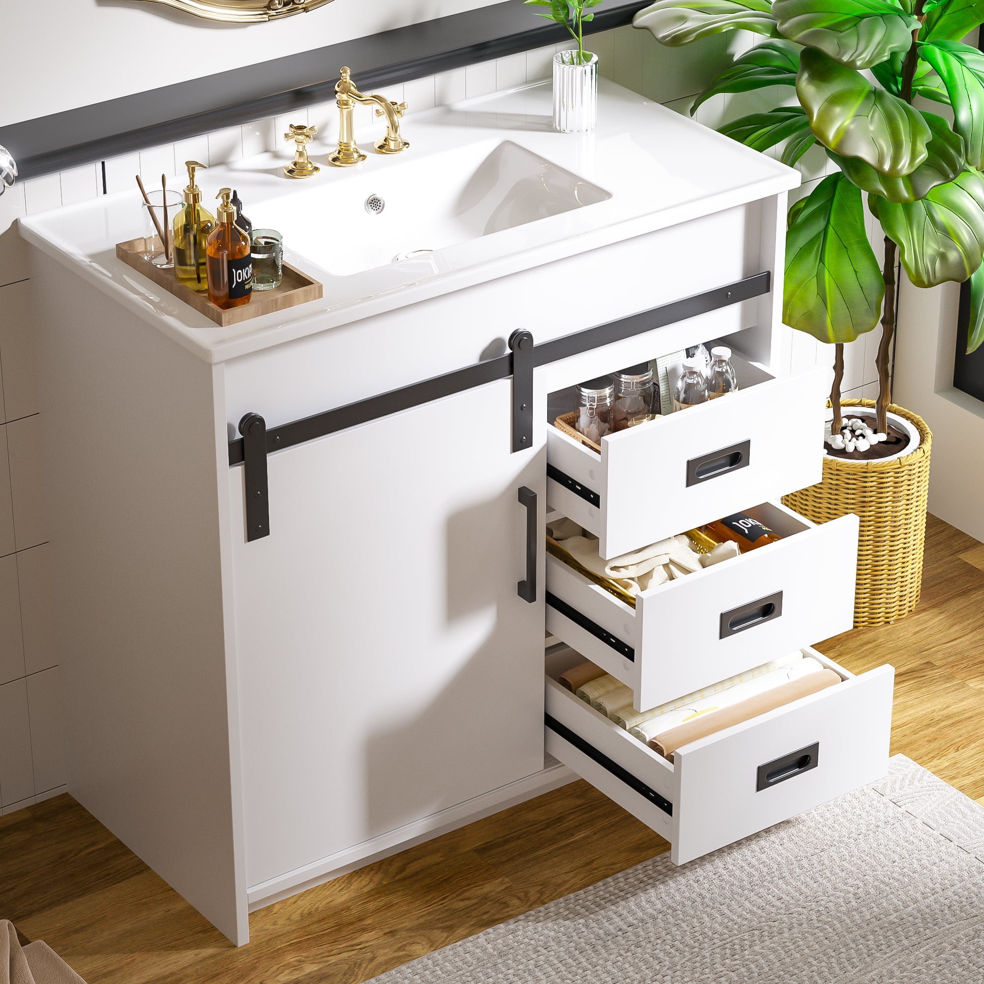 Zidtia 36" Bathroom Vanity Set with Sink, Storage Cabinet with Drawers & Sliding Door, Features Metal Handles, Easy Assembly, White