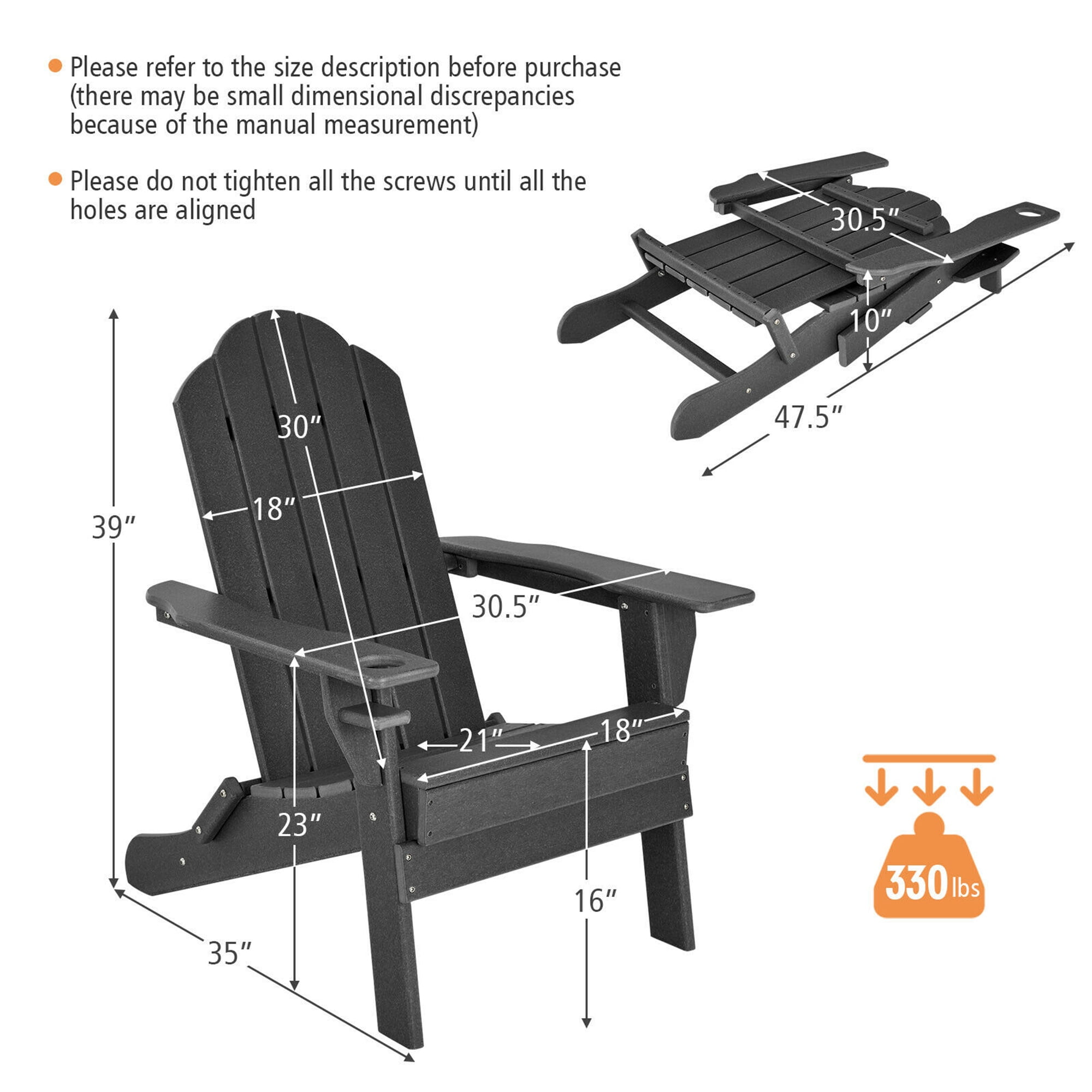 Gymax 2PCS Patio Folding Adirondack Chair Weather Resistant Cup Holder Yard Black