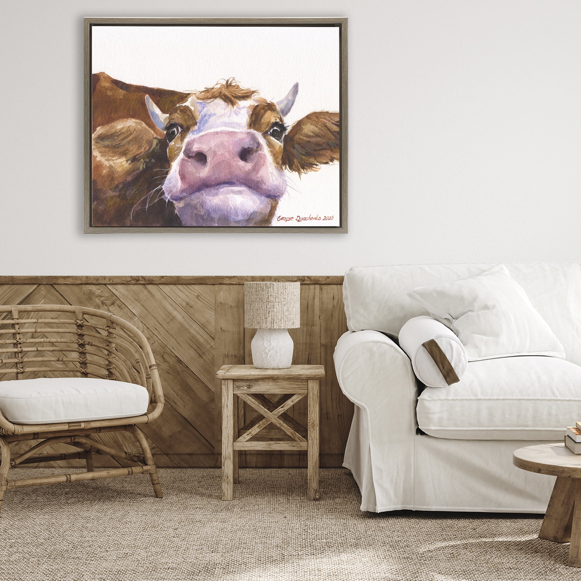 Stupell Industries Cute Cow Close Up Brown Framed Floater Canvas Wall Art, design by George Dyachenko