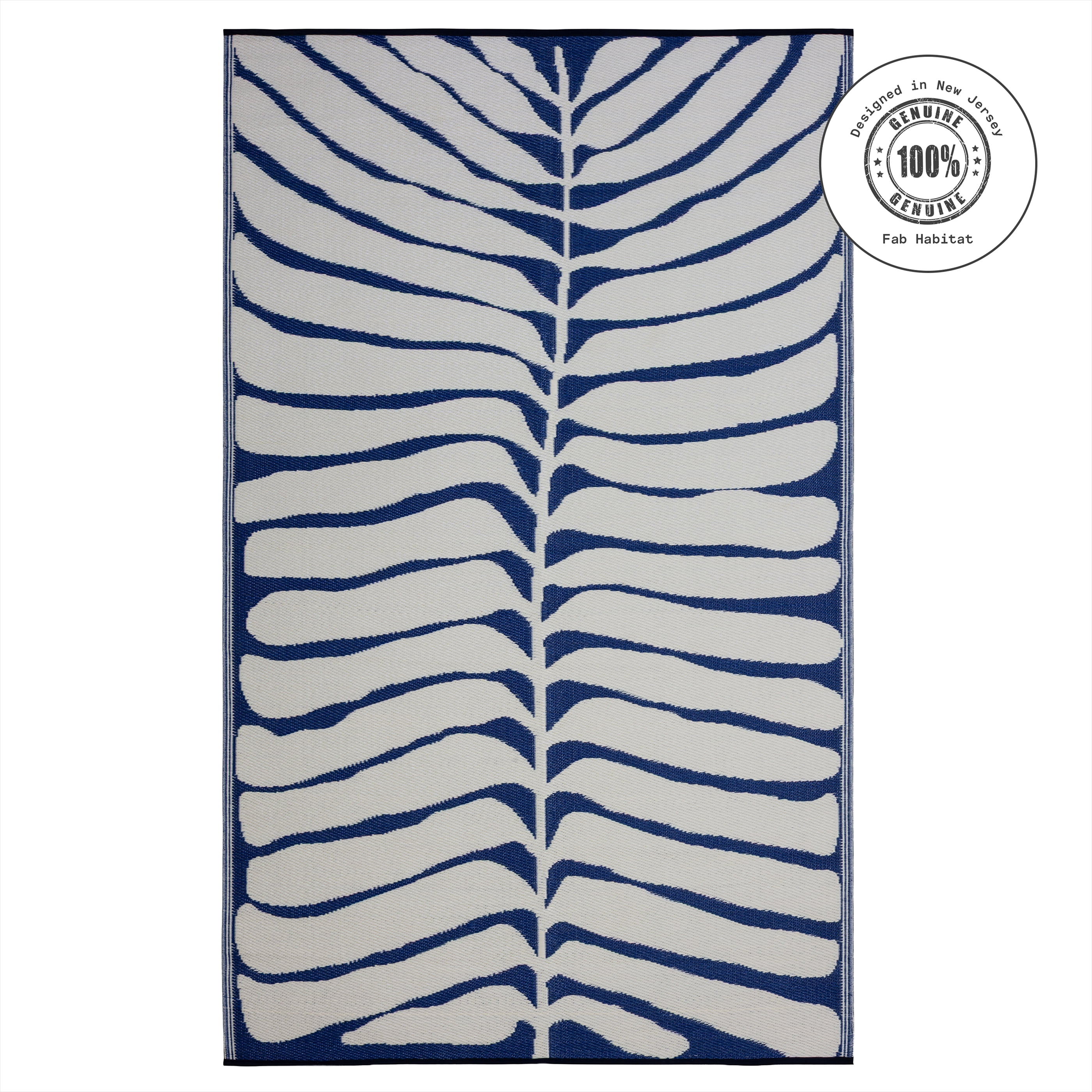 Fab Habitat Tropical Botanical Floral Outdoor Rug - Waterproof, Crease-Free Fade Resistant, Reversible - Recycled Plastic - Patio Porch Balcony Deck Yard Garden - Hilo Navy - 5x8 ft