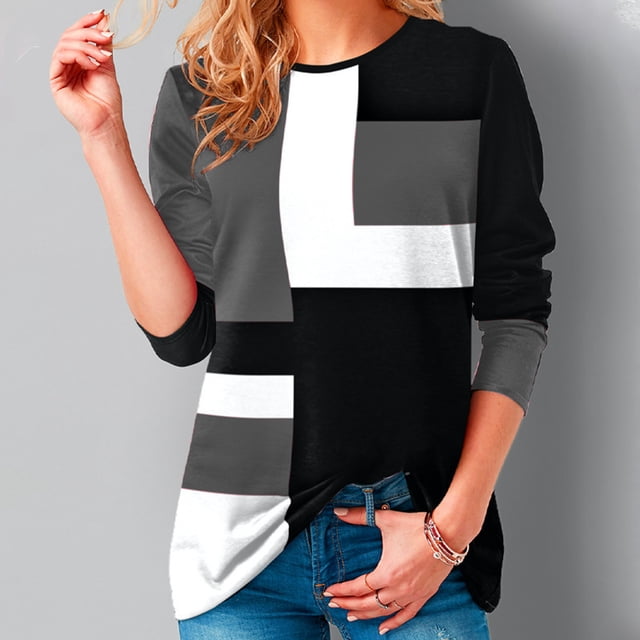 Meichang Chemises à Manches Longues pour Femmes Hauts Décontractés à Blocs de Couleur Pull Col Rond Confortable Chemisiers Graphiques Géométriques Élégants