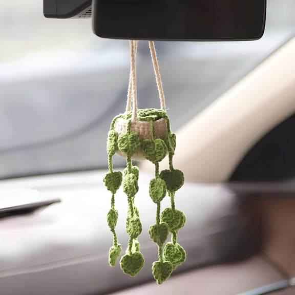 LAMIRO Cute Crochet Plant for Car Rear View Mirror, Boho Handmade Car Mirror Hanging Accessories for Women Girls, Green Car Interior Aesthetic Decor Truck Hanger Ornament Charm for Men