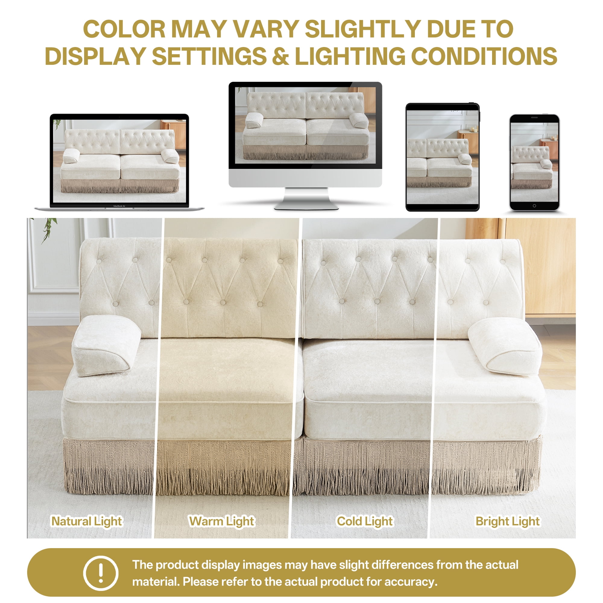 106" Velvet Fabric 3-Seater Sofa with Tassel Fringe Skirt and Button Tufted Design, Easy to Assemble