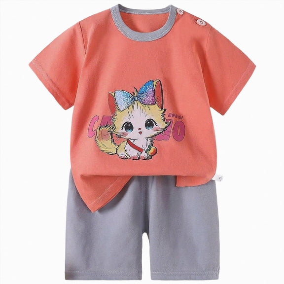 TOWED22 Infant Baby Loungewear Pajamas 2 Piece Set Toddler Boy Short Sleeve Cotton Graphic Tee and Soft Drawstring Shorts Sets(Pink,18-24 M)
