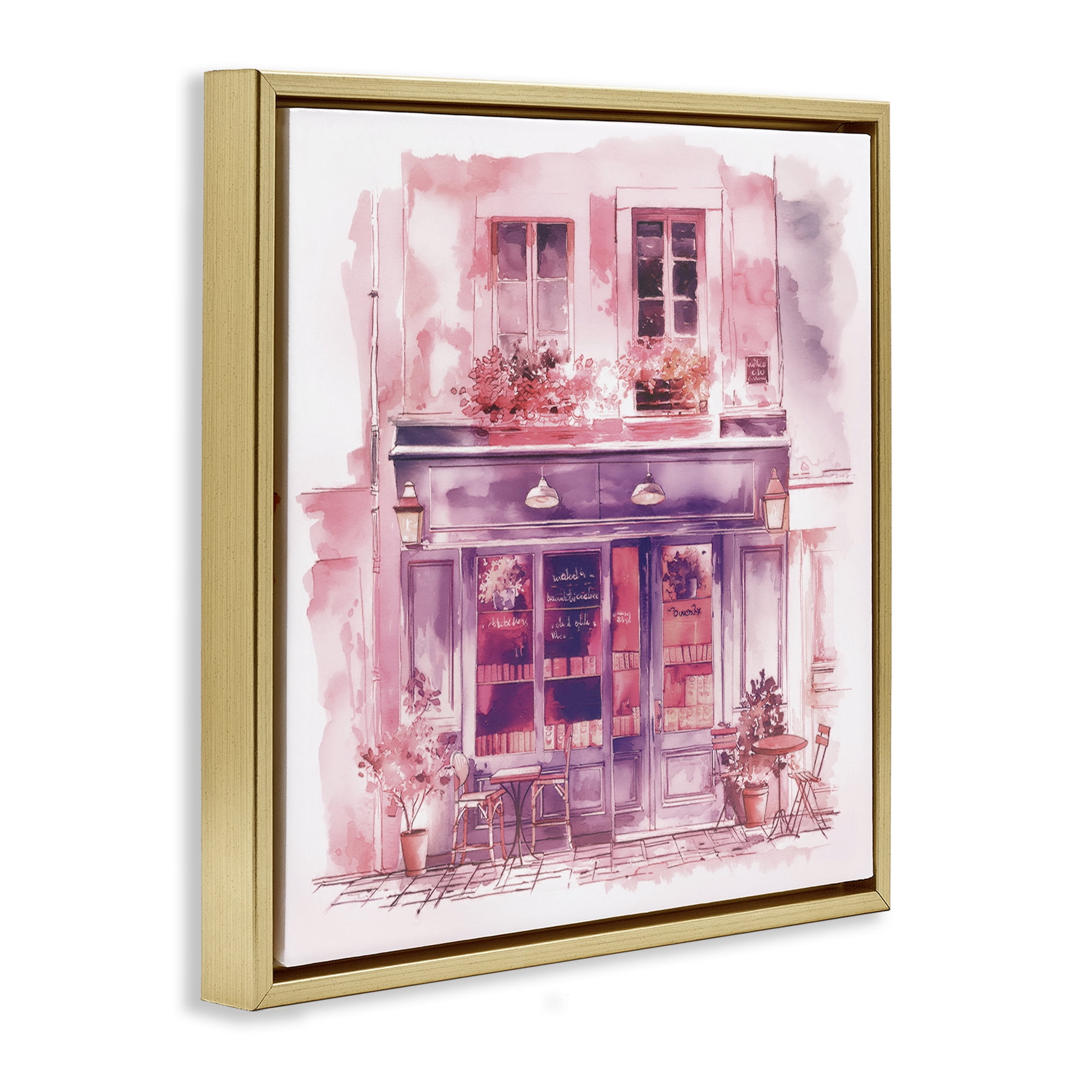 Stupell Industries Pink Bistro Café Buildings & Architecture Painting Gold Floater Framed Canvas Art Print Wall Art, 25 x 25