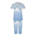thumbnail image 4 of Pajama Sets for Women 2 Piece Floral Print Soft Cotton Short Sleeve Sleepwear V Neck Top and Capri Pants Pjs Outfits (L, Blue 01), 4 of 5