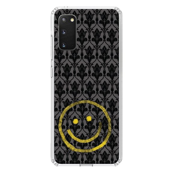 DistinctInk Clear Shockproof Hybrid Case for Galaxy S20 PLUS / 5G (6.7" Screen) - TPU Bumper, Acrylic Back, Tempered Glass Screen Protector - Yellow Smiley Face Black Grey Damask
