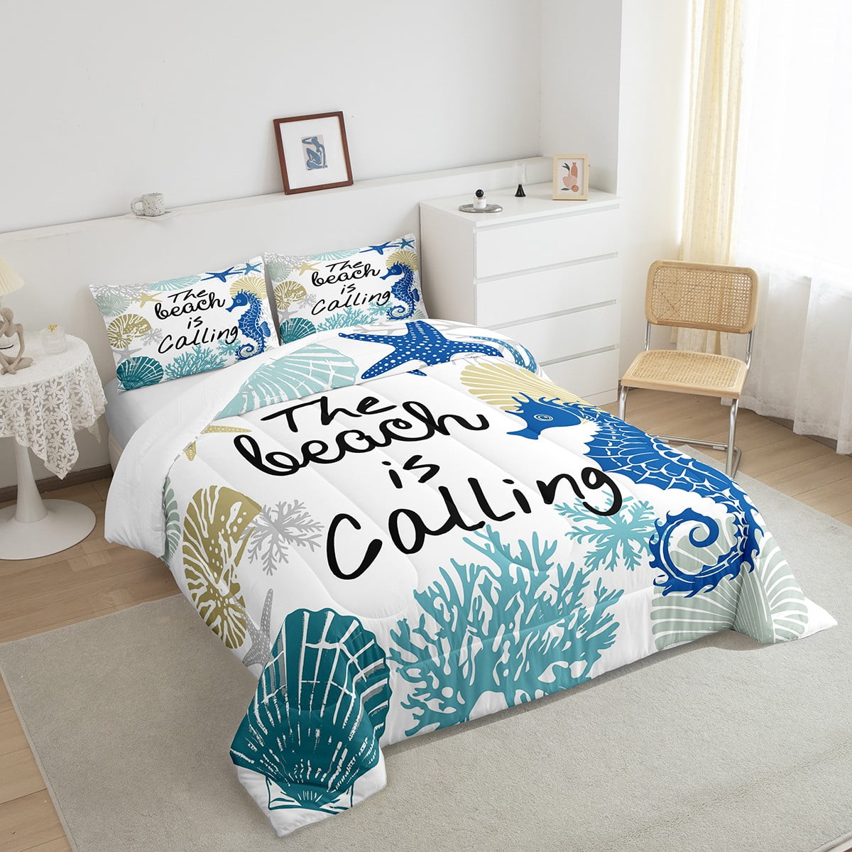 Summer Beach Comforter&nbsp;Set Blue Seahorse Queen Bedding&nbsp;Comforter&nbsp;Sets for Girls,Nautical Coastal Quilt Seashell Starfish Shell Coral Duvet Insert,Ocean Decor