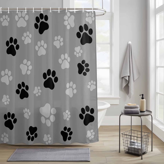 Bathroom Shower Curtain Dog Paw Print Black Gray Waterproof Shower Curtains with Hooks, Animal Footprint Pattern Bath Curtains Bathtub Curtain Home Decor 36x72in