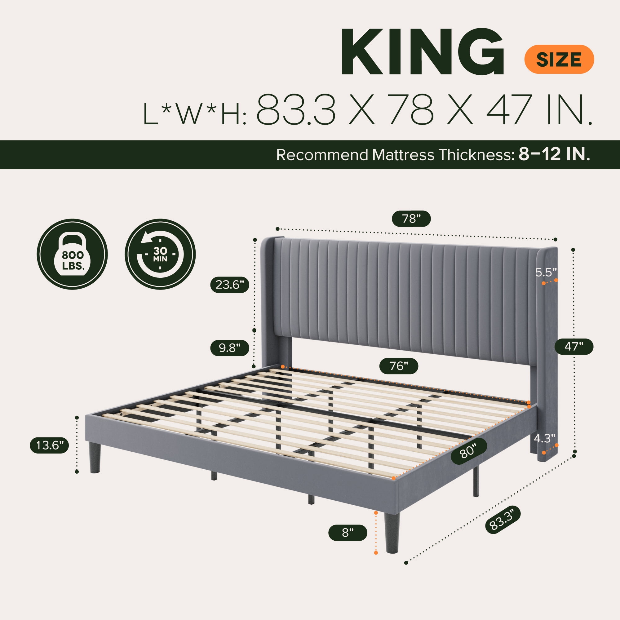 Einfach King Bed Frame, Upholstered Platform Bed with Wingback Headboard, No Box Spring Required, Gray