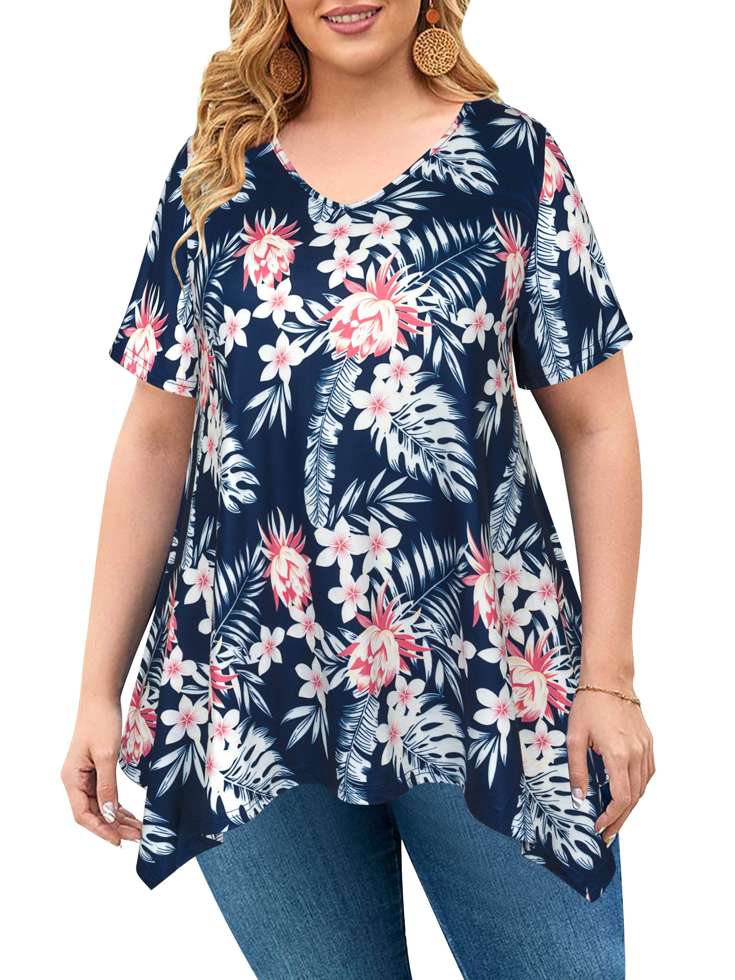 Chama Womens Plus Size Flowy Tunic Tops Irregular Hem Floral Print