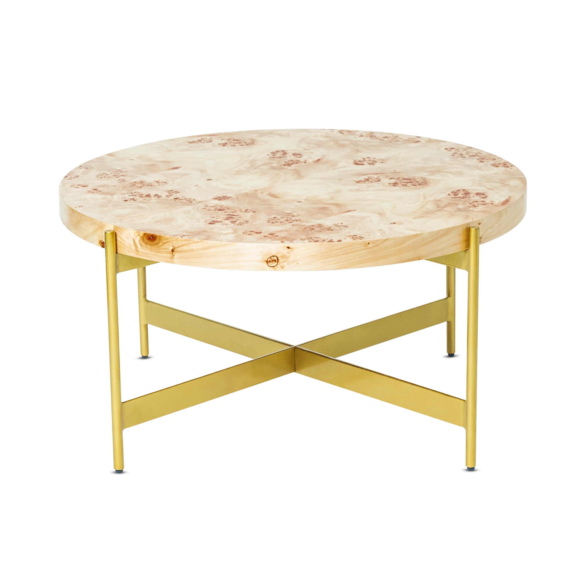 Ox Bay Theresa Round Burl Wood Coffee Table with Gold Base, Glam Style, Indoor Use
