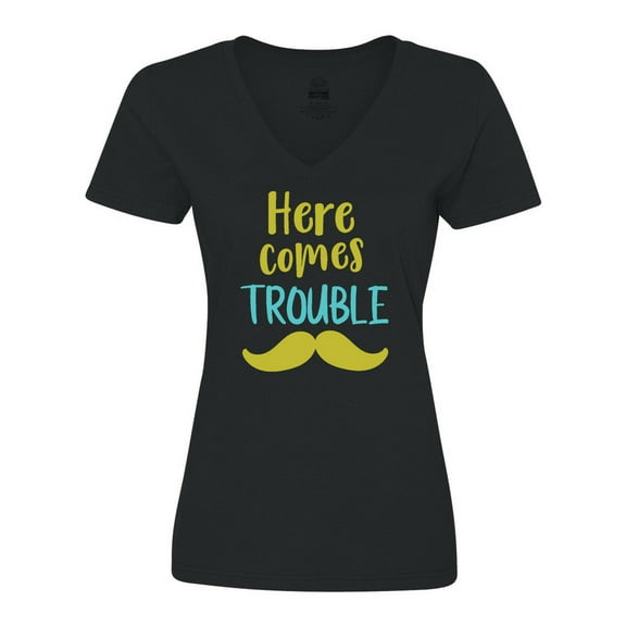 Inktastic Here Comes Trouble, Mustache, Moustache Women's V-Neck T-Shirt