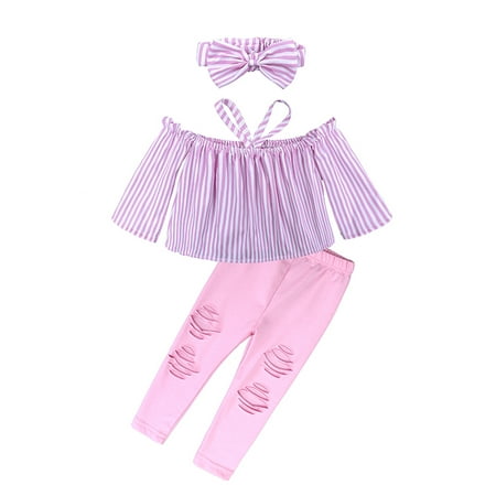 

Xiaoluokaixin Baby Girls Pant Sets Pink 3Pcs Stripes One Shoulder Tops+Elastic Waist Trousers+Cute Bow Headband