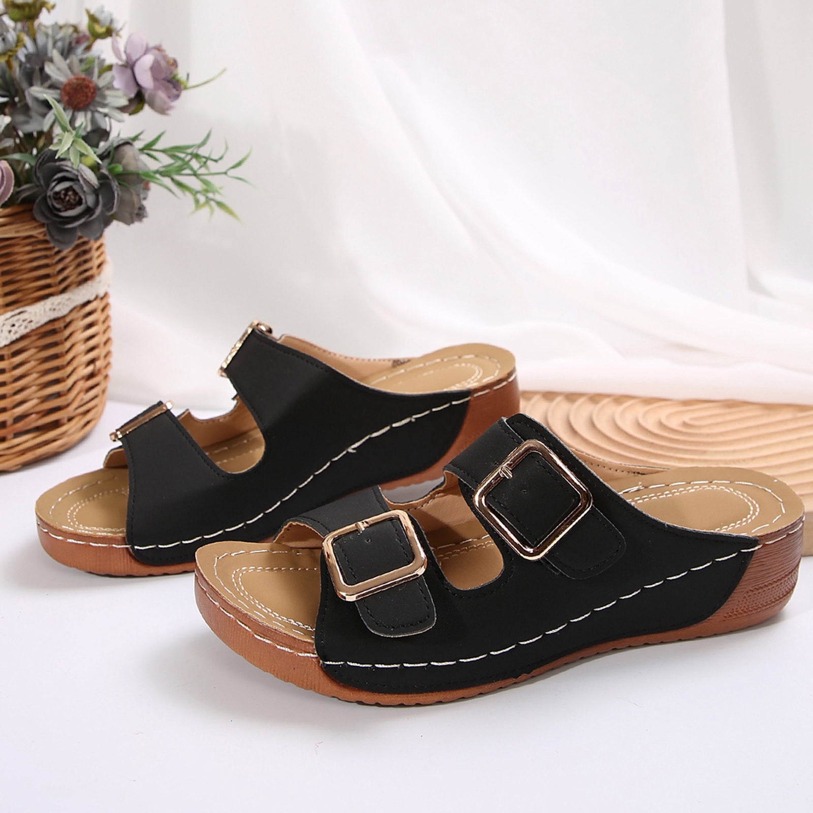 Summer Sandals for Women Orthopedic Wedge Shoes Comfortable Walking Slides Plantar Fasciitis Sandals with Arch Support Anti-Slip Beach Sandals Breathable Black 38
