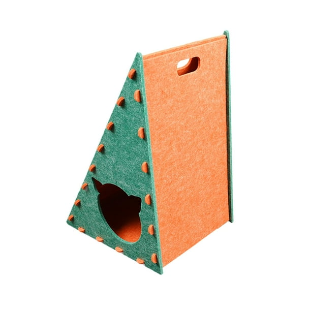 Rascador de fieltro para gatos, rascador vertical triangular para gatos, refugio para gatitos. Verde y ornage