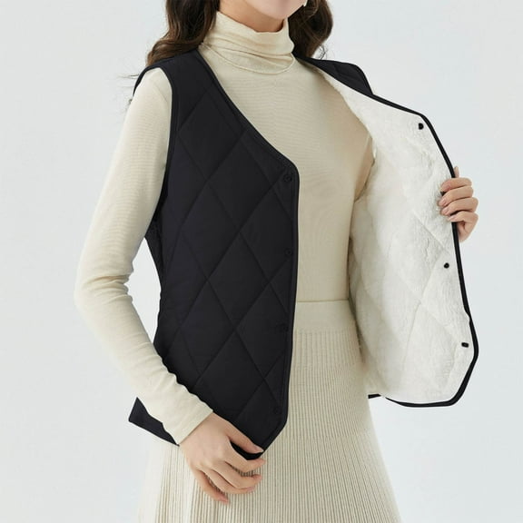 Aboser Women's Quilted Puffer Vest Plus Size Sleeveless Jacket Thermal Winter Waistcoat Solid Color V Neck Coat Ladies Button Down Padded Gilet