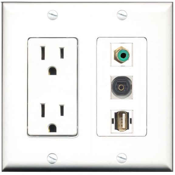 RiteAV - 15 Amp Power Outlet 1 Port RCA Green 1 Port USB A-A 1 Port Toslink Decorative Wall Plate