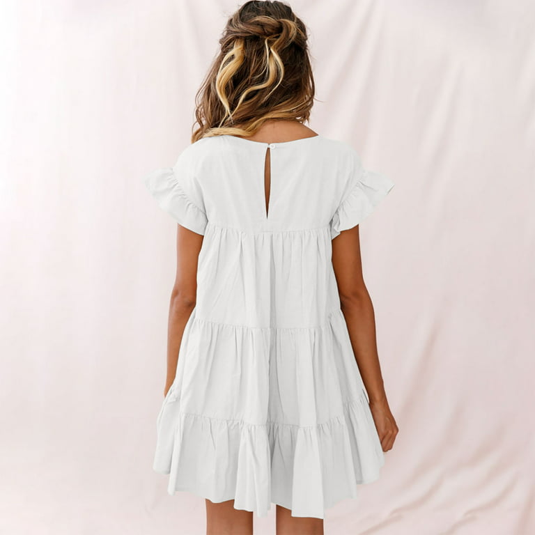 Dress with Shorts Underneath Womens Cute Dress Bell Sleeve Three Layer  Ruffle V Neck Loose Fitting Dresses, White, Small : : Clothing,  Shoes & Accessories