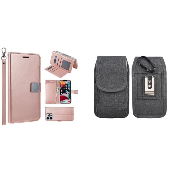 Bemz Pocket Clutch Wallet Case and Belt Holster Pouch for iPhone 14 Pro (Rose Gold/Gray)