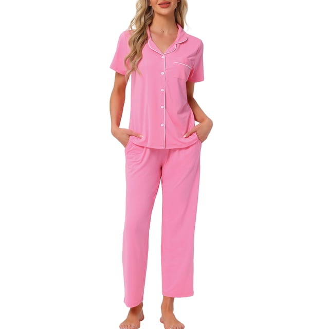 Conjunto de pijama para mujer INSPIRE CHIC, botón, suave, de manga corta, ropa de dormir, pantalones largos, conjunto de 2 piezas, M, rosa claro