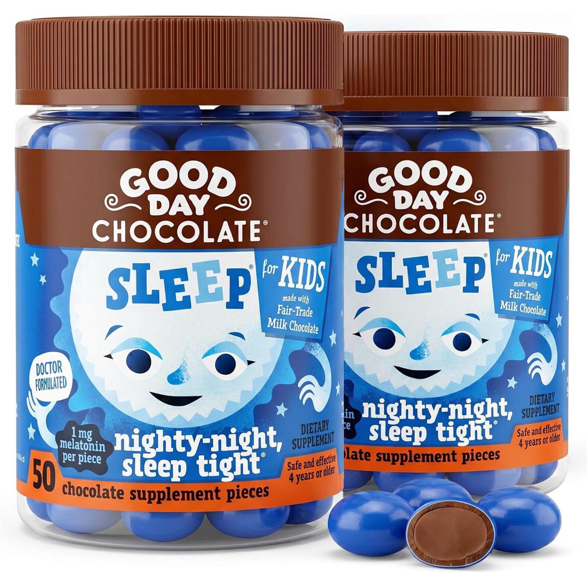 Good Day Chocolate Kids Sleep Aid, Melatonin 1mg Chamomile, Milk Chocolate | 50 Count (Pack of 2) | Non-GMO, Fair Trade, Doctor-Founded