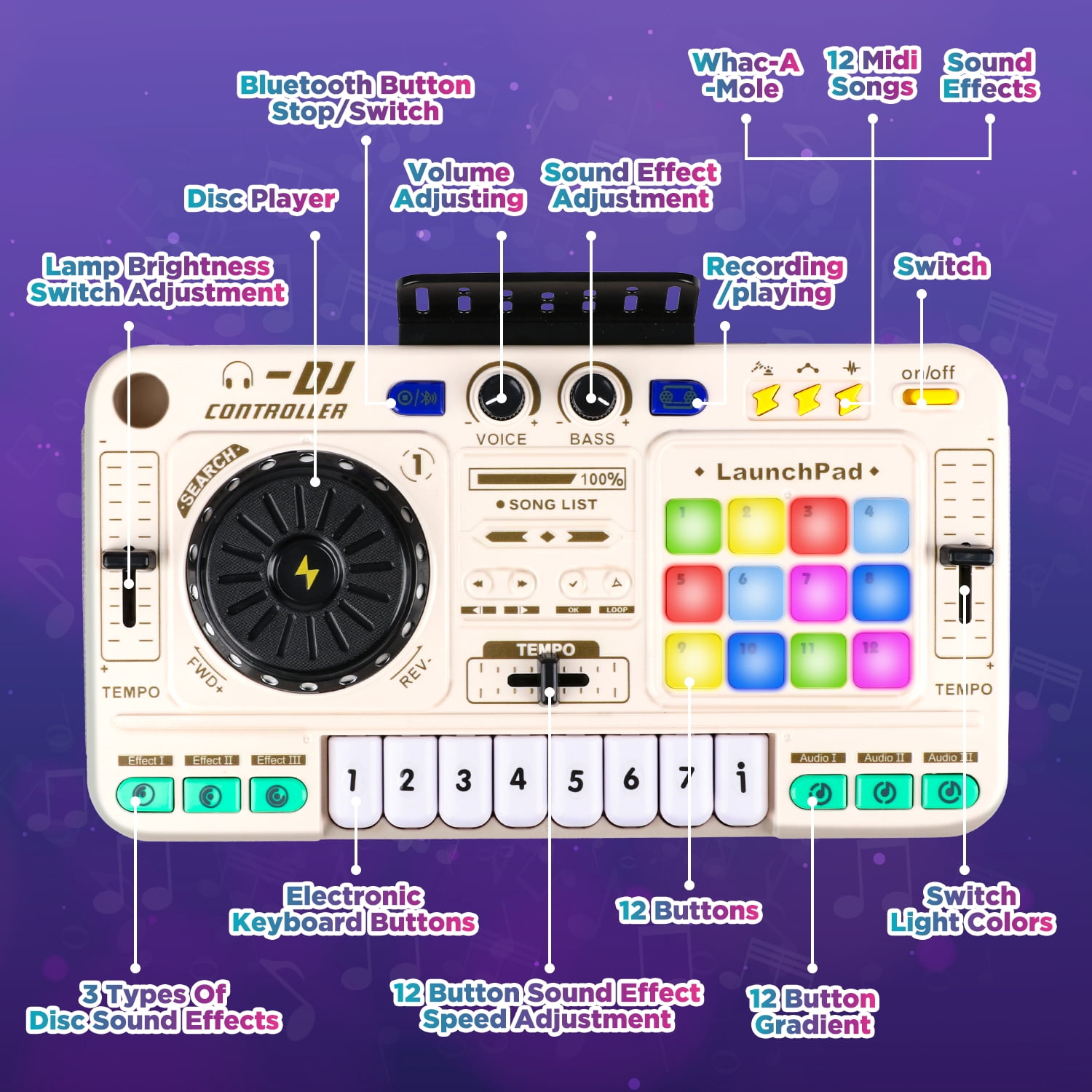 Carsky DJ Mixer Turntable Toy with Bluetooth, Lights & Mic – Music Activity Toy for Kids with Beat Effects, Sound Pads & Record Function Musical Gift for Kids 5-7, 8-12+(White )