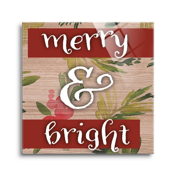 Merry & Bright Tan Woodgrain Floral 12 x 12 Glass Wall Hanging Sign