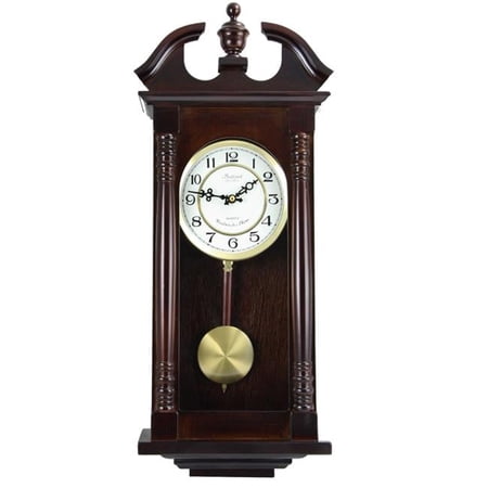 Bedford Clock Collection 27.5 in. Classic Chiming Wall Clock with Swinging Pendulum, Cherry Oak Finish